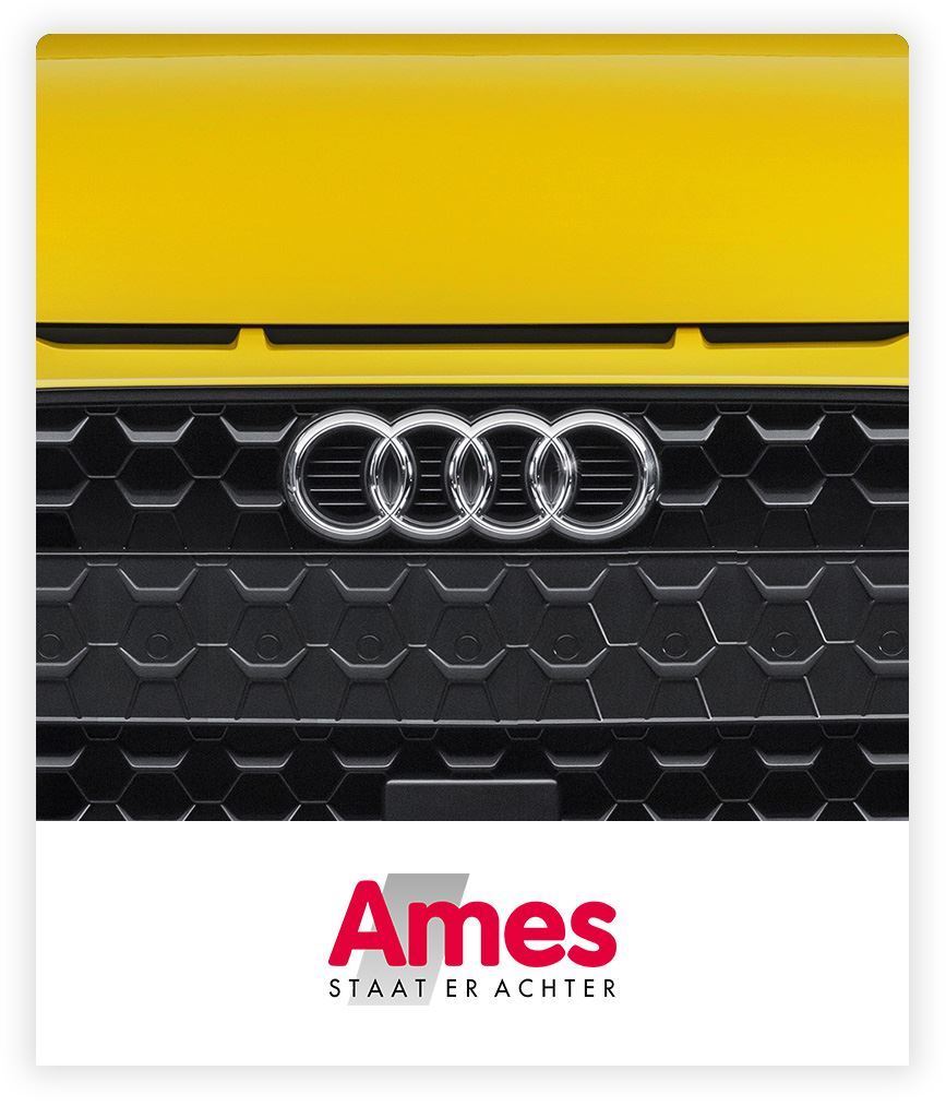 gele Audi grille met Ames Audi logo